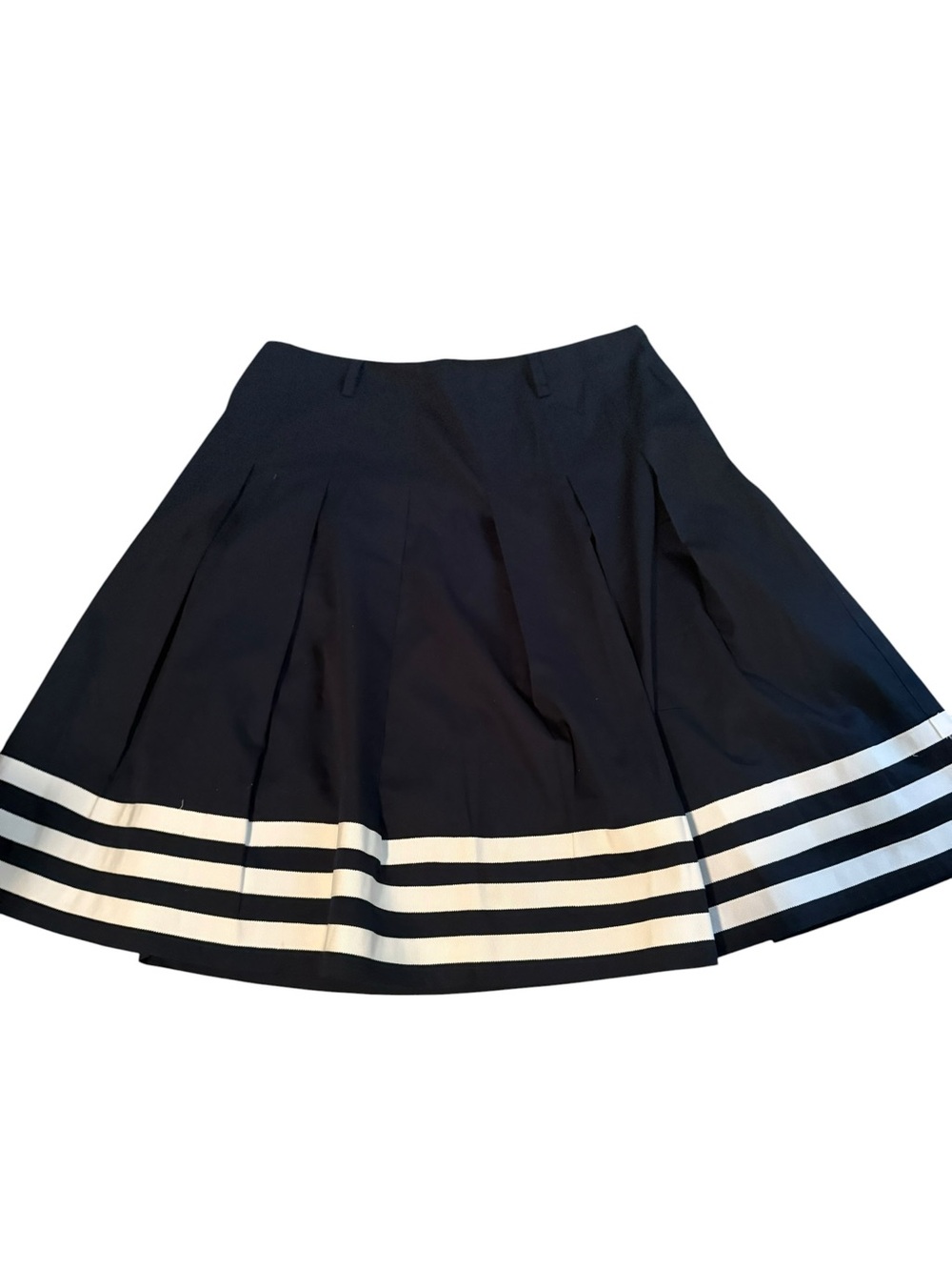 Jones New York 100% Cotton Navy Blue Striped Pleated Skirt Size 12 Nautical Prep